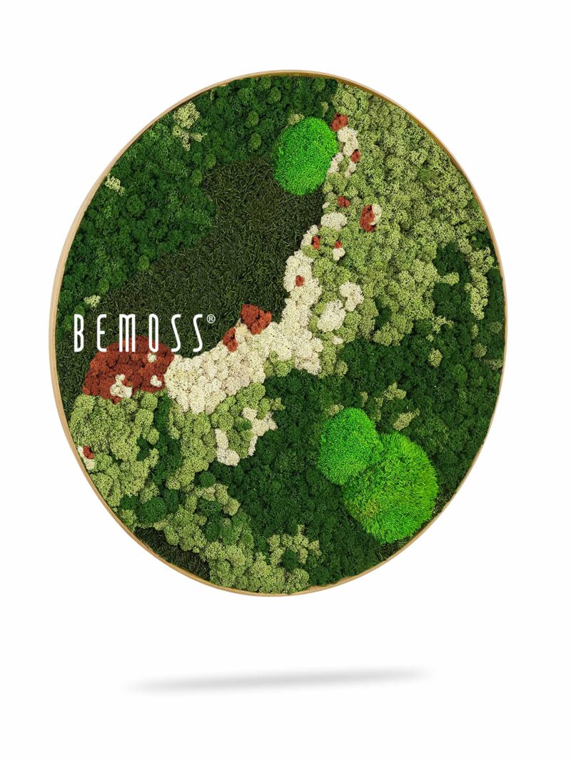 obrázok lesa s nápisom bemos v kruhovom ráme s bielym pozadím, environmentálne umenie , machovy obraz, stabilizovany mach, machová stena, machová dekorácia