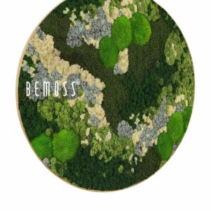 obrázok zelenej plochy so slovami pod ňou a obrázok stromu s listami a kvetmi, environmentálne umenie , machovy obraz, stabilizovany mach, machová stena, machová dekorácia