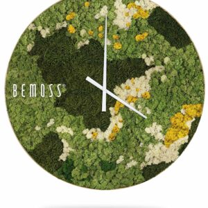 hodiny s machom a kvetmi, na ktorých je napísané, že mach na prednej strane hodín je biely podklad, ekologické umenie , machovy obraz, stabilizovany mach, machová stena, machová dekorácia