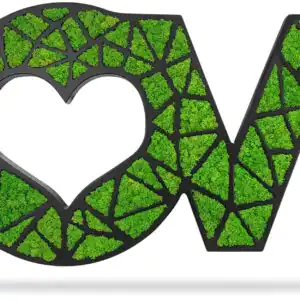 zelený znak lásky so srdcom na boku a slovom láska napísaným v tráve s bielym pozadím, environmentálne umenie , machovy obraz, stabilizovany mach, machová stena, machová dekorácia