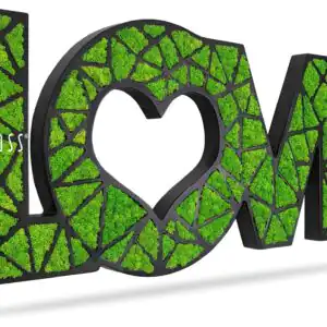 zelený znak lásky so srdcom na boku a slovom láska napísaným v strede, environmentálne umenie , machovy obraz, stabilizovany mach, machová stena, machová dekorácia