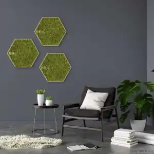 obývačka so stoličkou a stolom s rastlinou a tromi šesťuholníkmi na stene, environmentálne umenie , machovy obraz, stabilizovany mach, machová stena, machová dekorácia